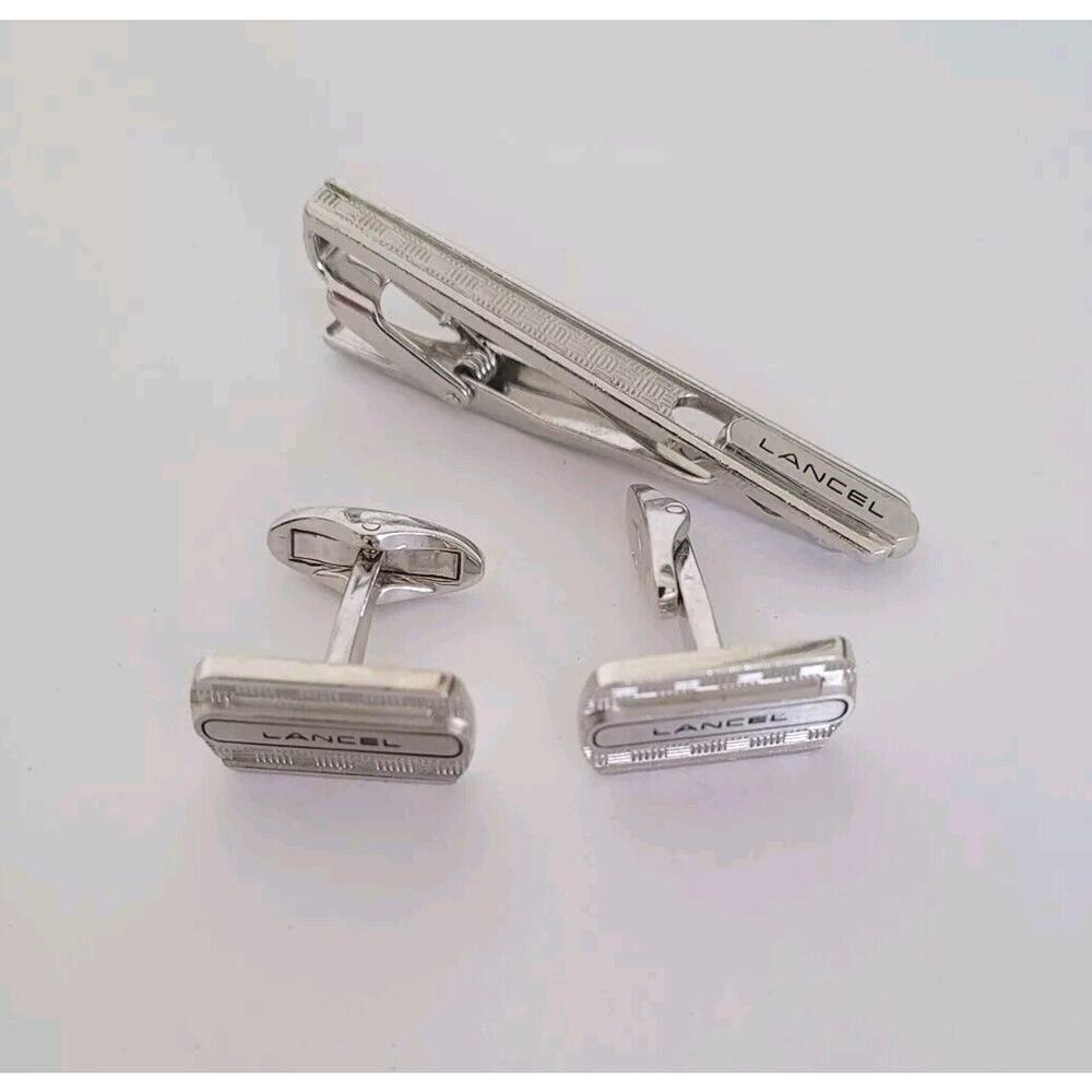 Lancel French Tie Clip‎ Cufflinks Set Silver Tone Logo